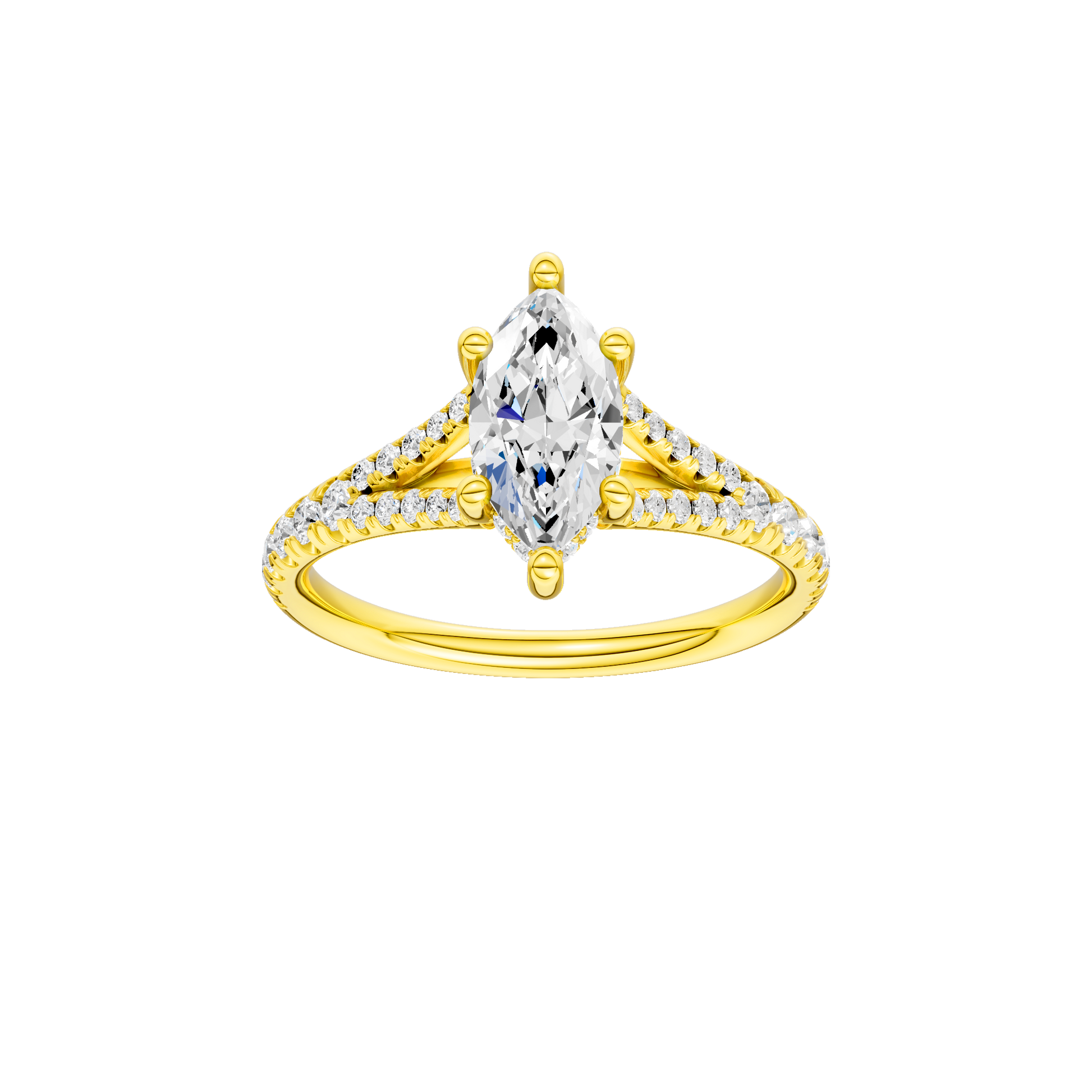 Marquise-cut diamond engagement ring with a prong-set diamond band and hidden-halo setting.