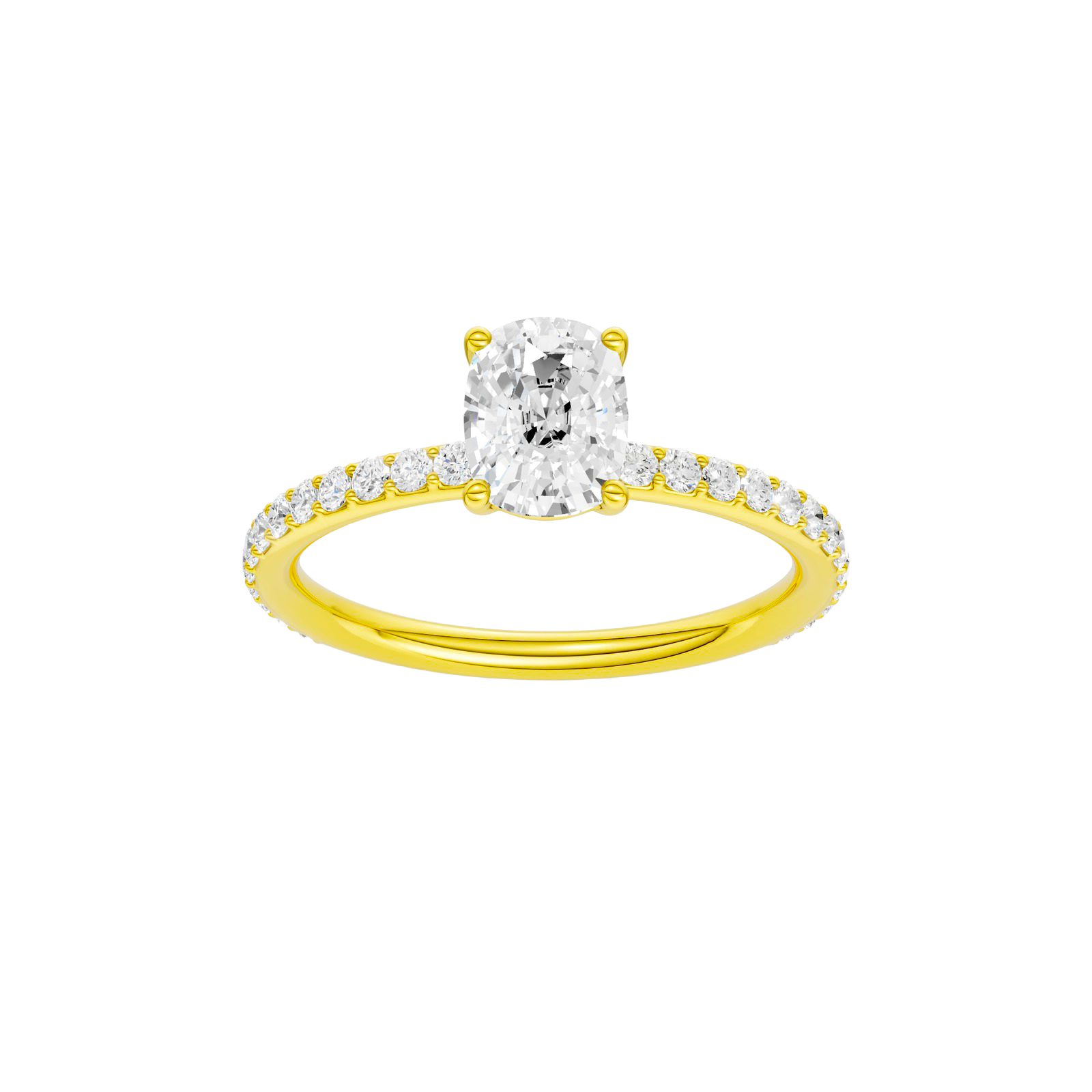 Elongated cushion-cut diamond engagement ring with a prong-set diamond band and solitaire setting.