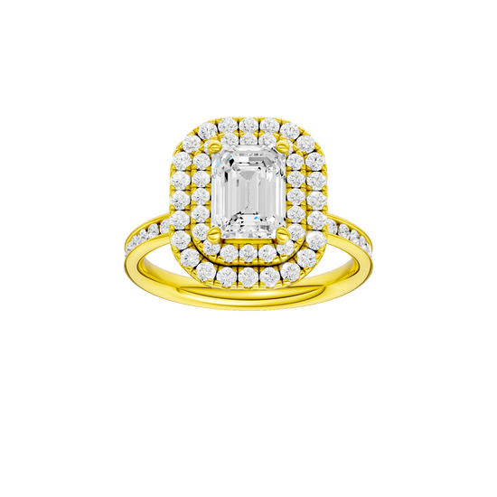 Emerald-cut diamond engagement ring with a channel-set diamond band and double-halo setting.