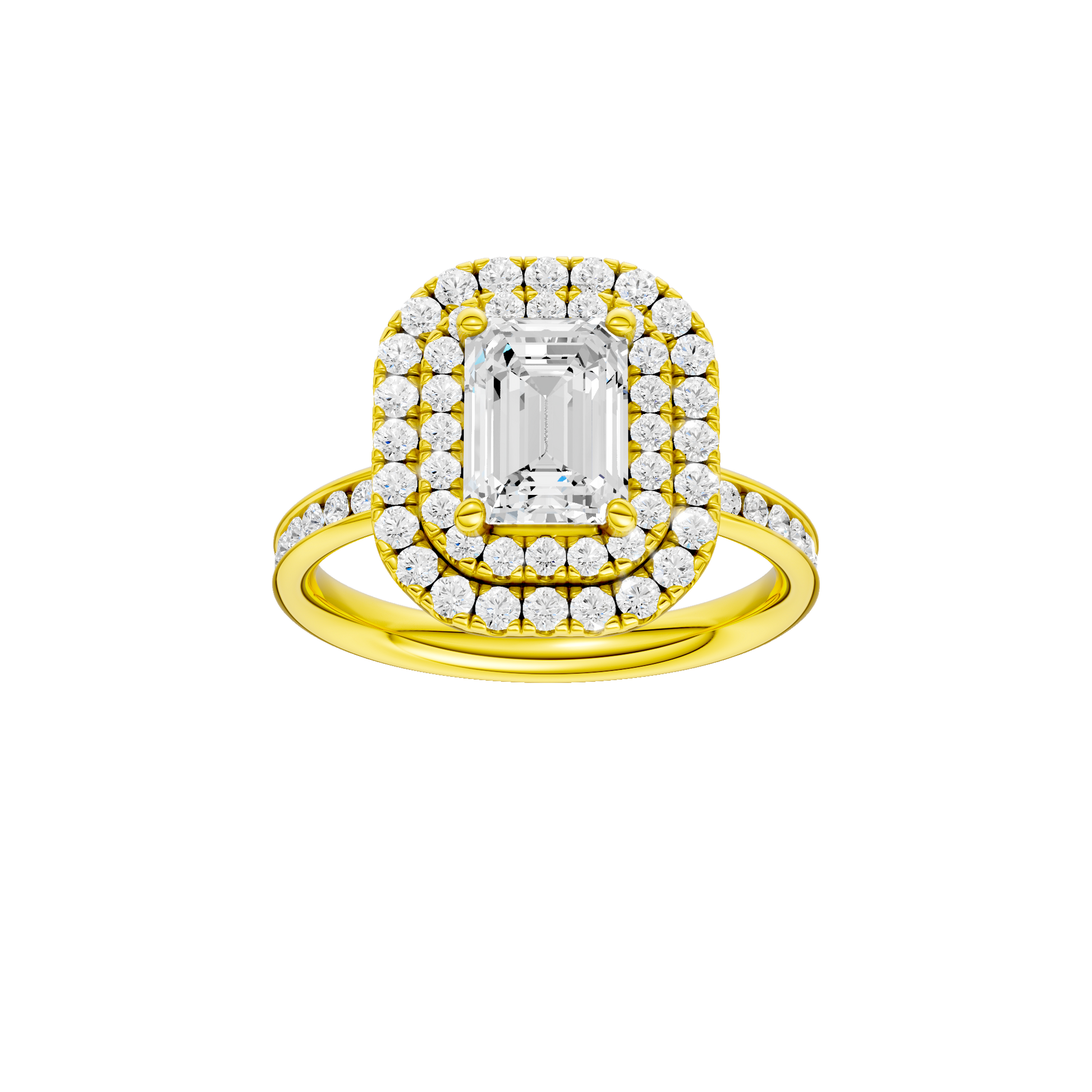 Emerald-cut diamond engagement ring with a channel-set diamond band and double-halo setting.
