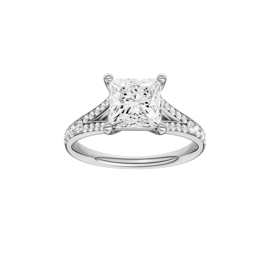Princess-cut diamond engagement ring with a channel-set diamond band and solitaire setting.