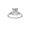 Radiant-cut diamond engagement ring with a prong-set diamond band and hidden-halo setting.