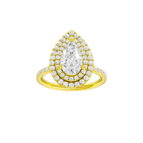 Pear-cut diamond engagement ring with a prong-set diamond band and double-halo setting.