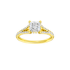 Princess-cut diamond engagement ring with a prong-set diamond band and hidden-halo setting.