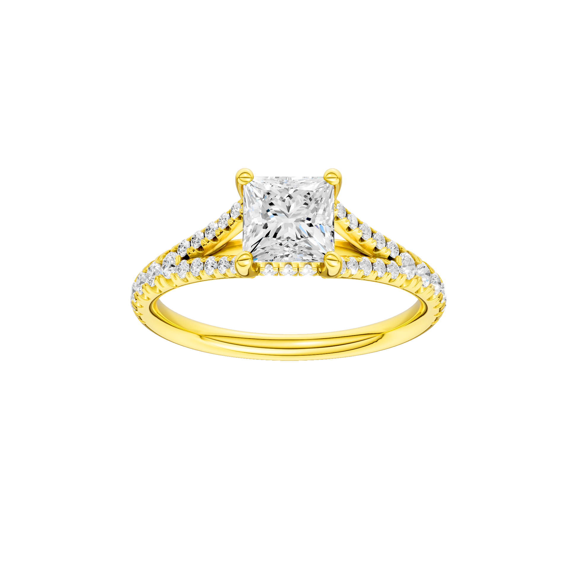 Princess-cut diamond engagement ring with a prong-set diamond band and hidden-halo setting.