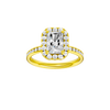 Radiant-cut diamond engagement ring with a channel-set diamond band and halo setting.