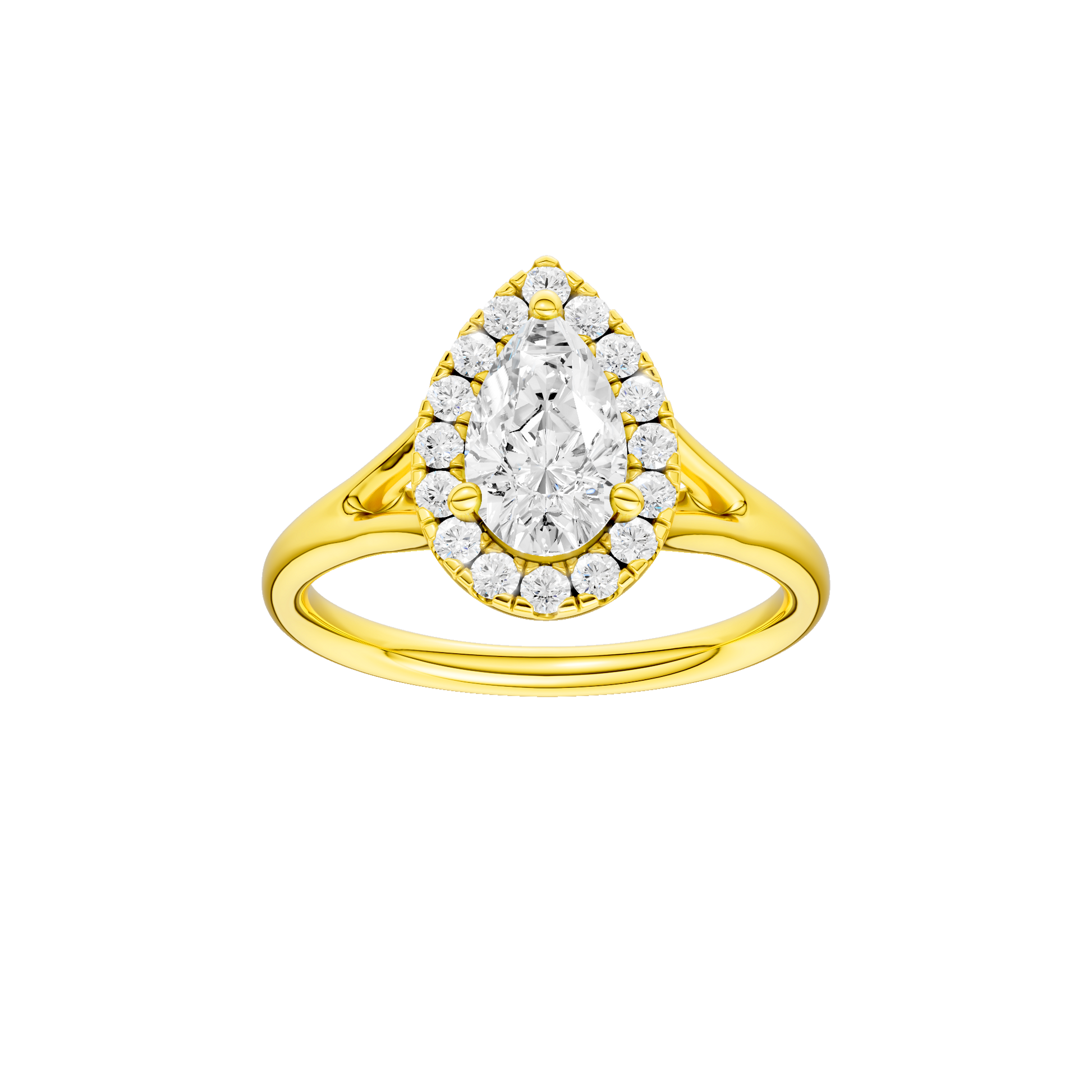 Pear-cut diamond engagement ring with a plain band and halo setting.