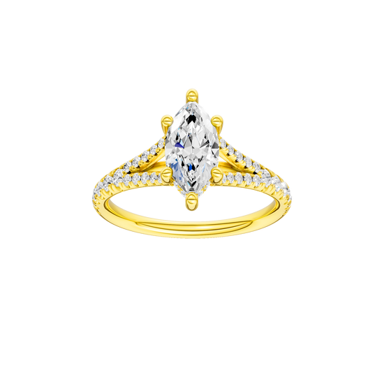 Marquise-cut diamond engagement ring with a prong-set diamond band and hidden-halo setting.