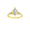 Marquise-cut diamond engagement ring with a prong-set diamond band and hidden-halo setting.