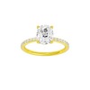 Elongated cushion-cut diamond engagement ring with a prong-set diamond band and solitaire setting.