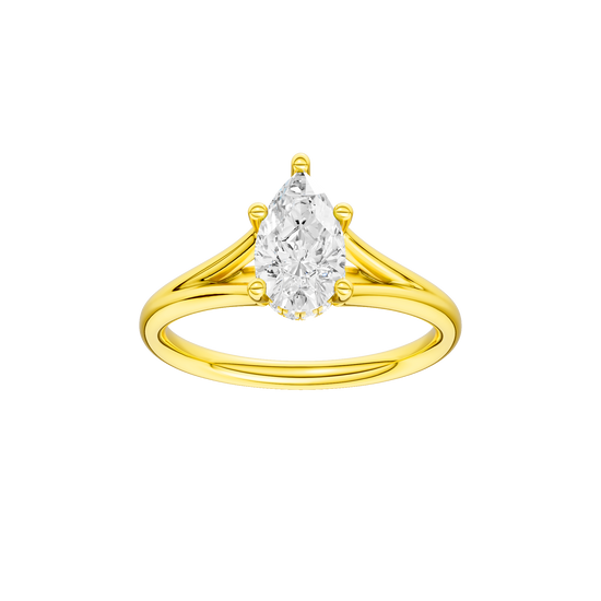 Pear-cut diamond engagement ring with a plain band and hidden-halo setting.