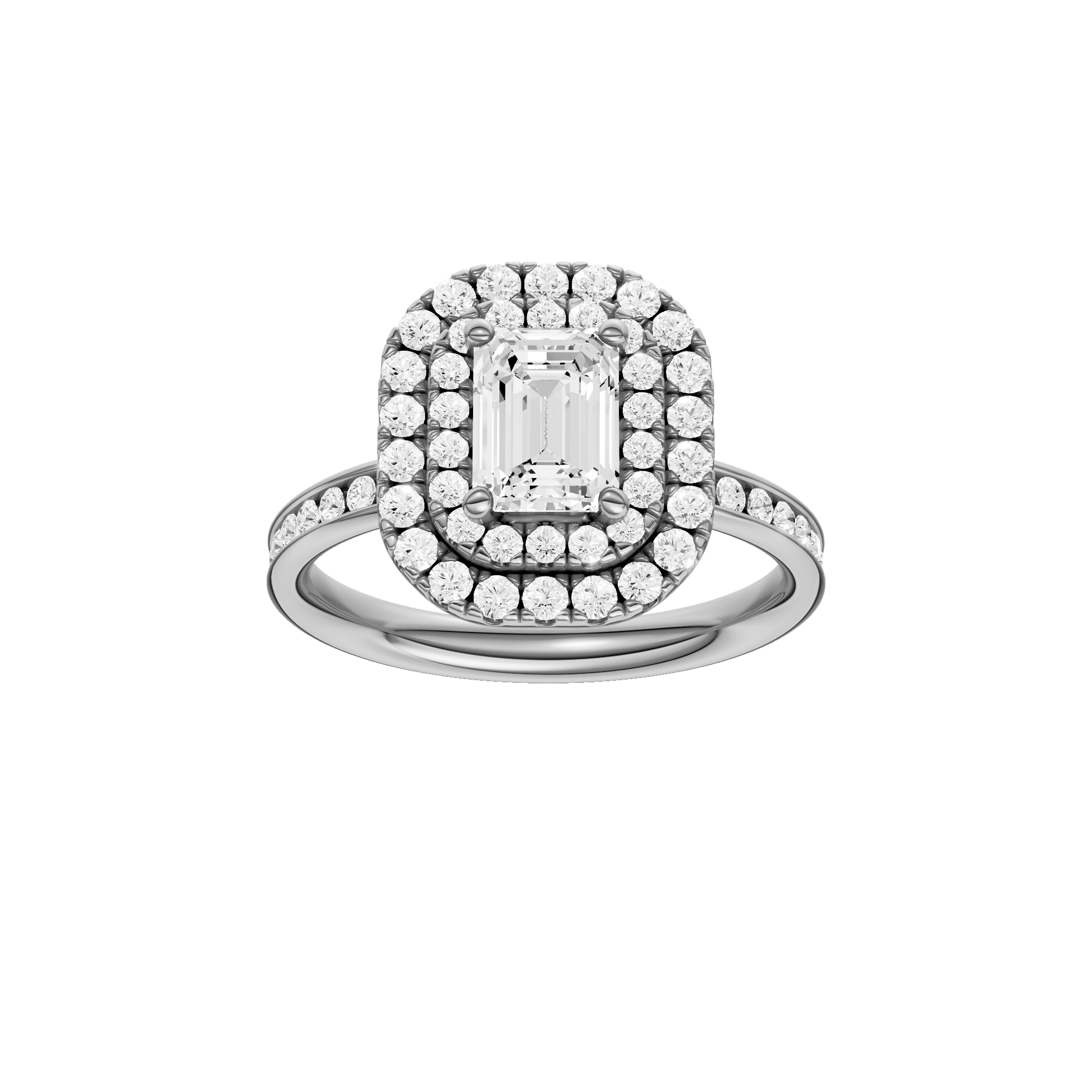 Emerald-cut diamond engagement ring with a channel-set diamond band and double-halo setting.