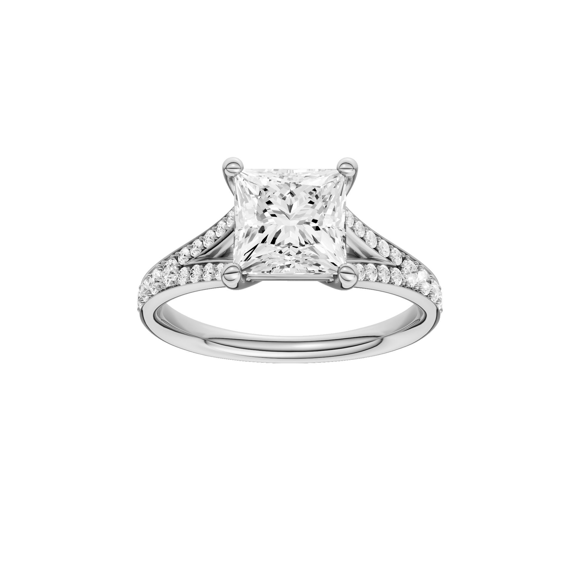 Princess-cut diamond engagement ring with a channel-set diamond band and solitaire setting.