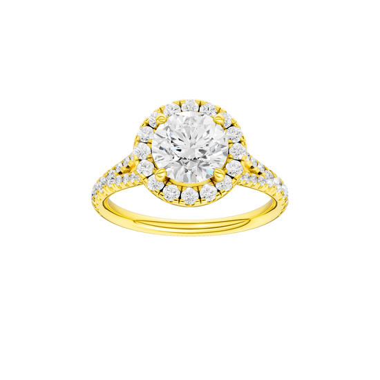 Round-cut diamond engagement ring with a prong-set diamond band and halo setting.