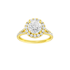 Round-cut diamond engagement ring with a prong-set diamond band and halo setting.