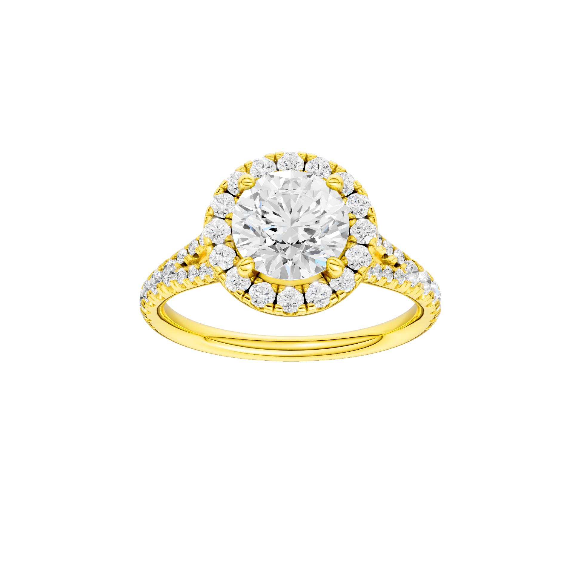 Round-cut diamond engagement ring with a prong-set diamond band and halo setting.
