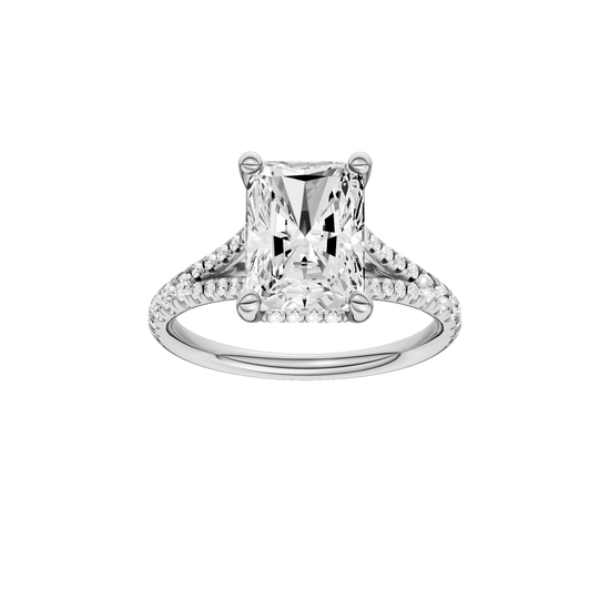 Radiant-cut diamond engagement ring with a prong-set diamond band and hidden-halo setting.