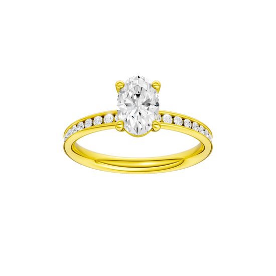 Oval-cut diamond engagement ring with a channel-set diamond band and solitaire setting.