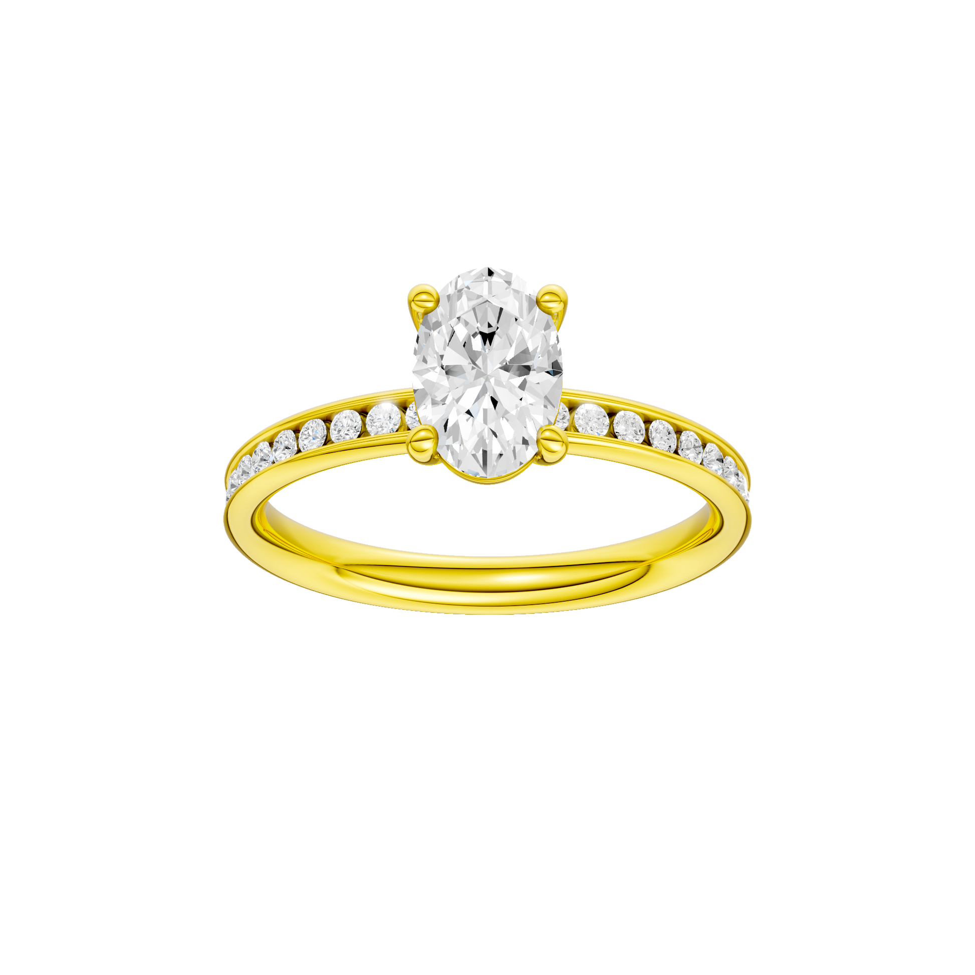 Oval-cut diamond engagement ring with a channel-set diamond band and solitaire setting.