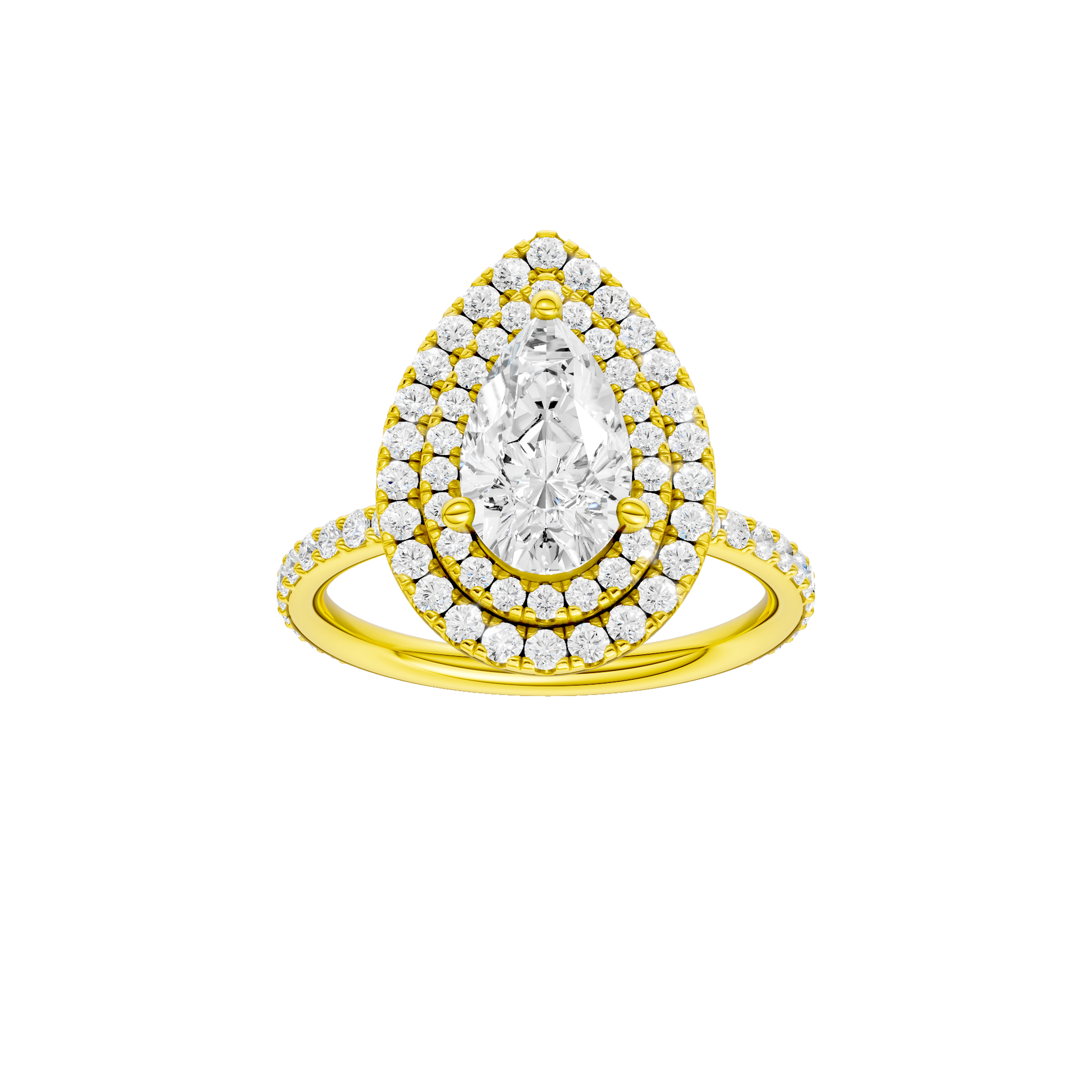 Pear-cut diamond engagement ring with a prong-set diamond band and double-halo setting.