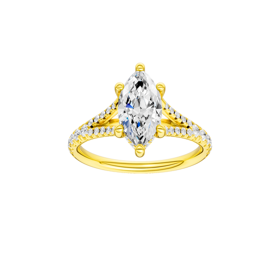 Marquise-cut diamond engagement ring with a prong-set diamond band and hidden-halo setting.