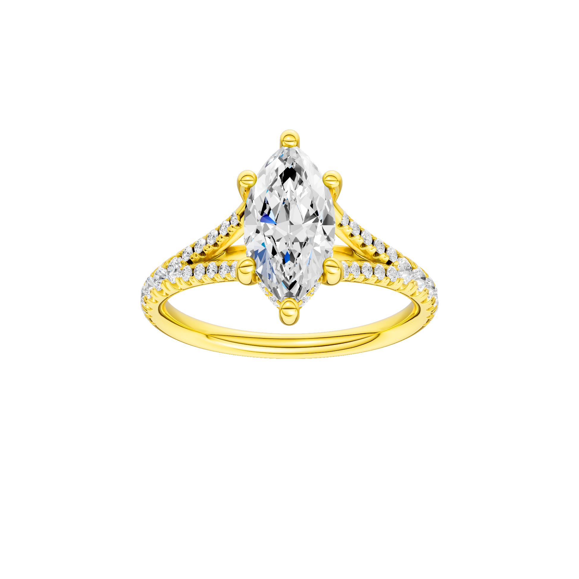 Marquise-cut diamond engagement ring with a prong-set diamond band and hidden-halo setting.