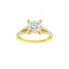 Princess-cut diamond engagement ring with a prong-set diamond band and hidden-halo setting.