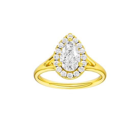Pear-cut diamond engagement ring with a plain band and halo setting.