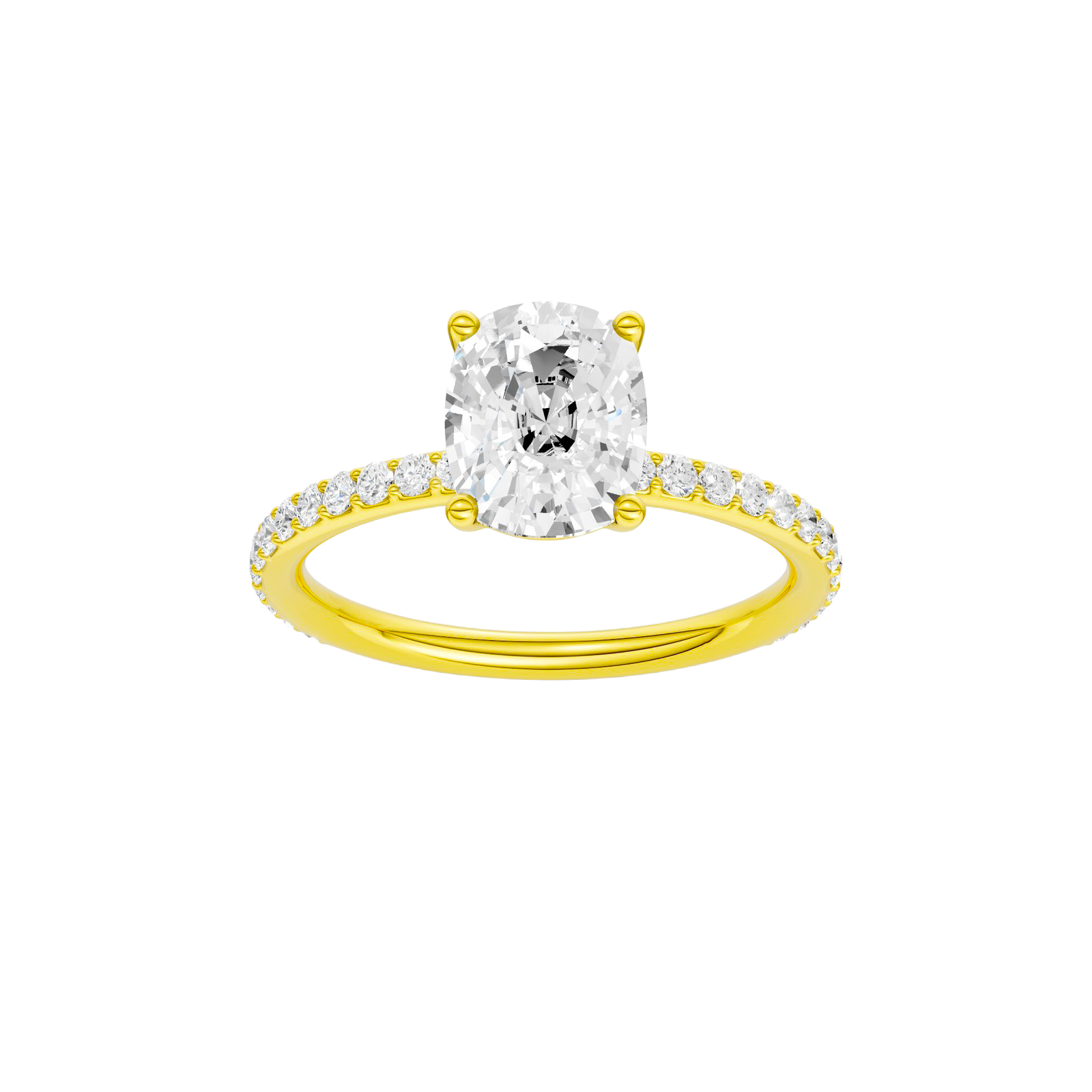 Elongated cushion-cut diamond engagement ring with a prong-set diamond band and solitaire setting.