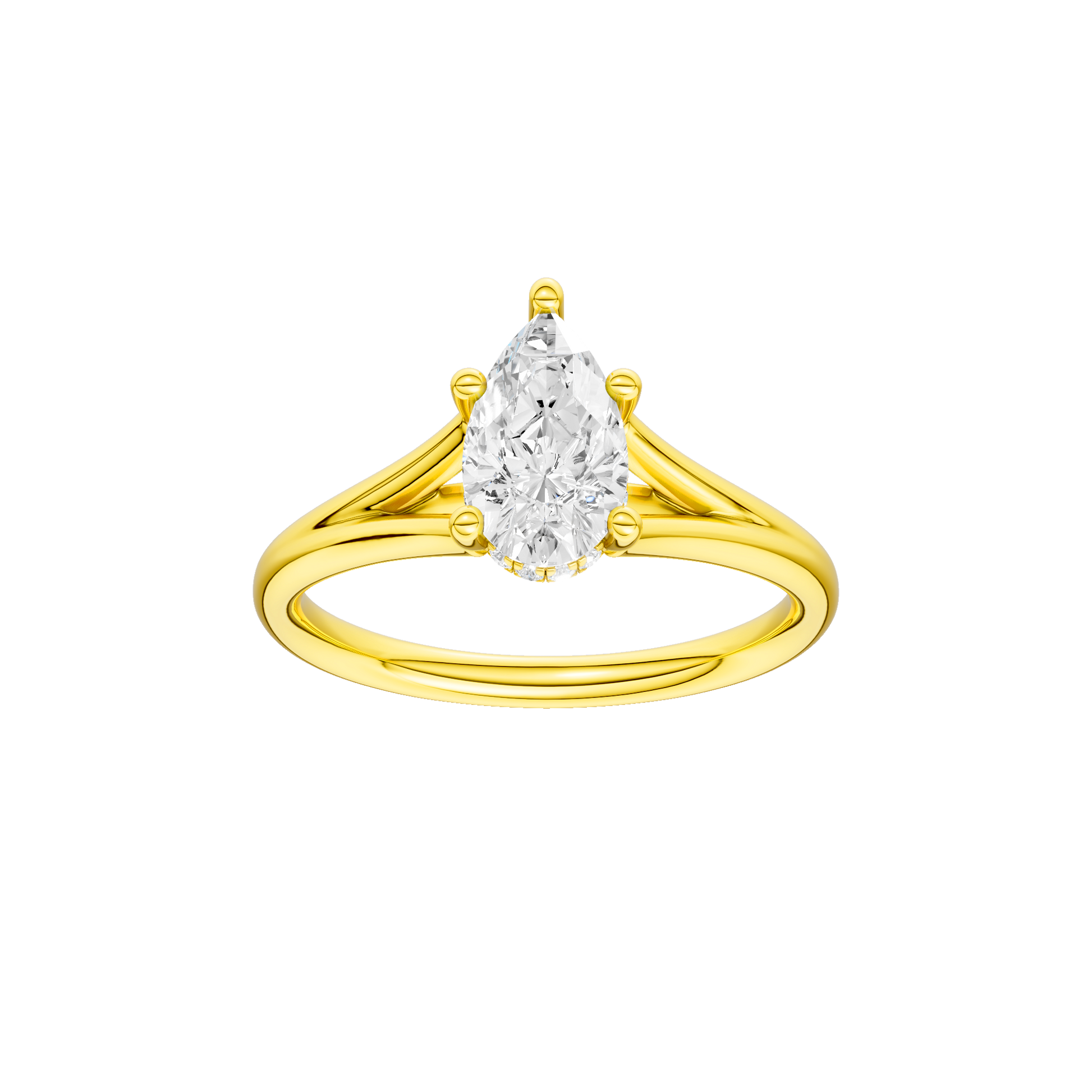 Pear-cut diamond engagement ring with a plain band and hidden-halo setting.