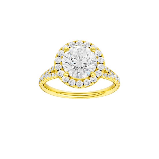 Round-cut diamond engagement ring with a prong-set diamond band and halo setting.