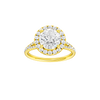Round-cut diamond engagement ring with a prong-set diamond band and halo setting.