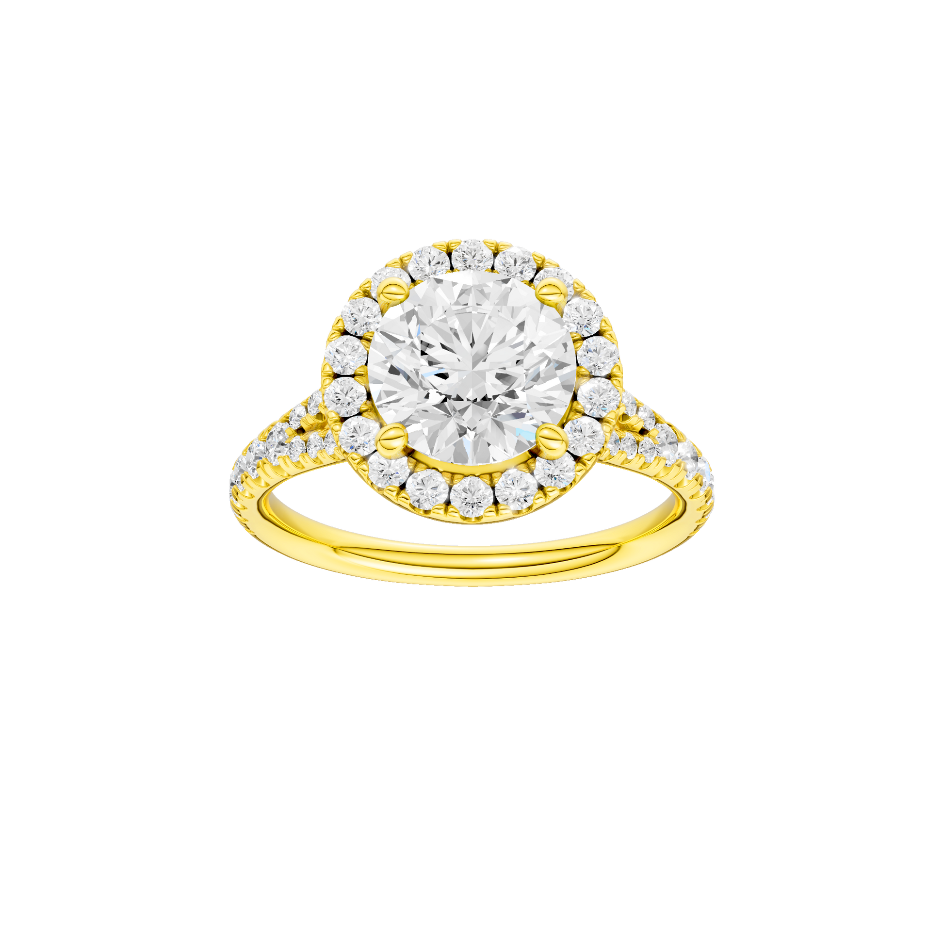 Round-cut diamond engagement ring with a prong-set diamond band and halo setting.