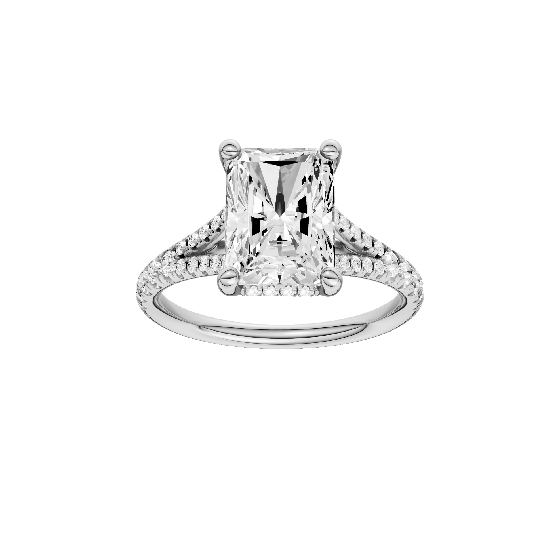 Radiant-cut diamond engagement ring with a prong-set diamond band and hidden-halo setting.