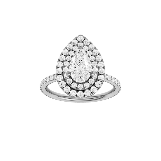 Pear-cut diamond engagement ring with a prong-set diamond band and double-halo setting.
