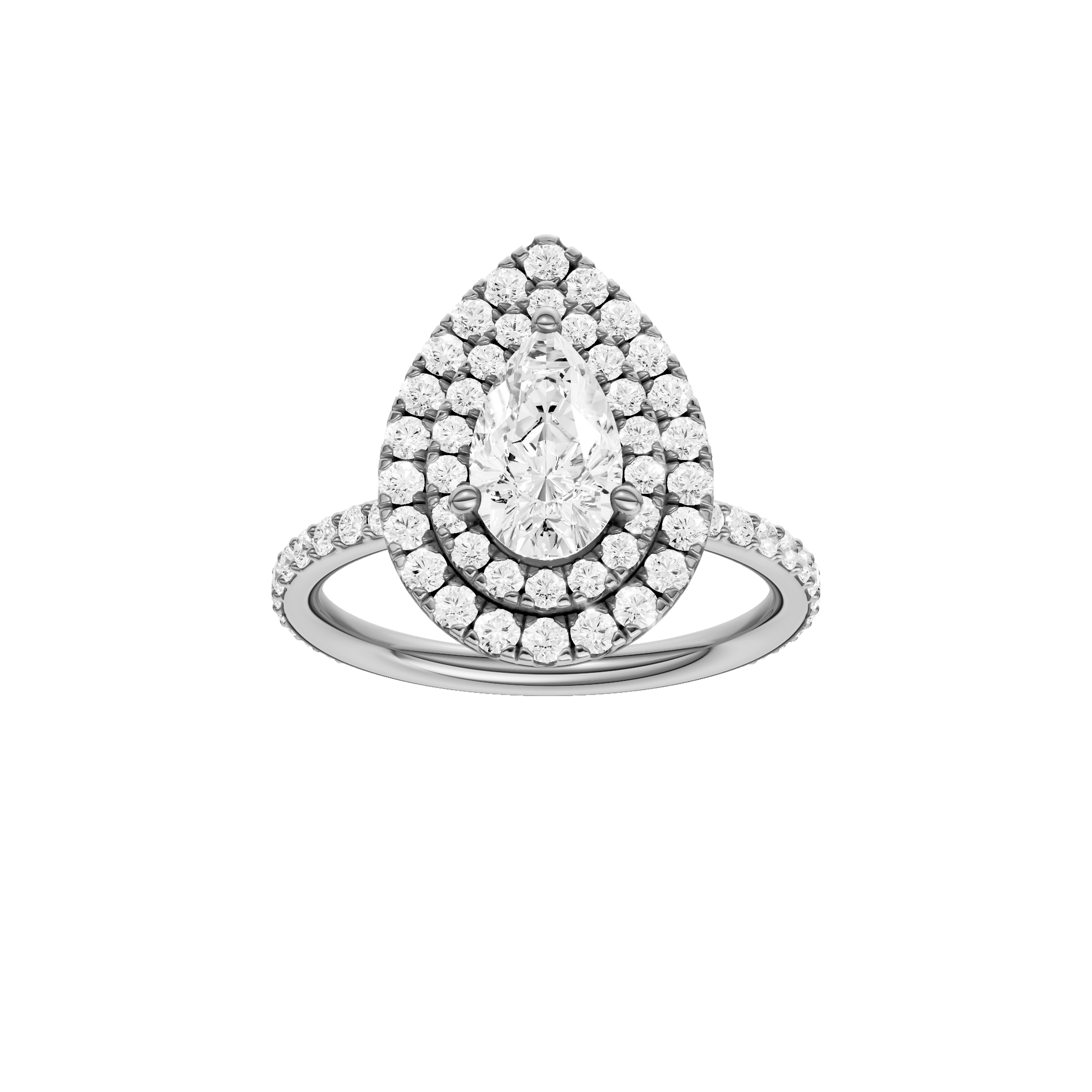 Pear-cut diamond engagement ring with a prong-set diamond band and double-halo setting.