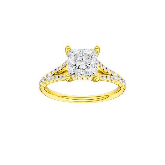 Princess-cut diamond engagement ring with a prong-set diamond band and hidden-halo setting.