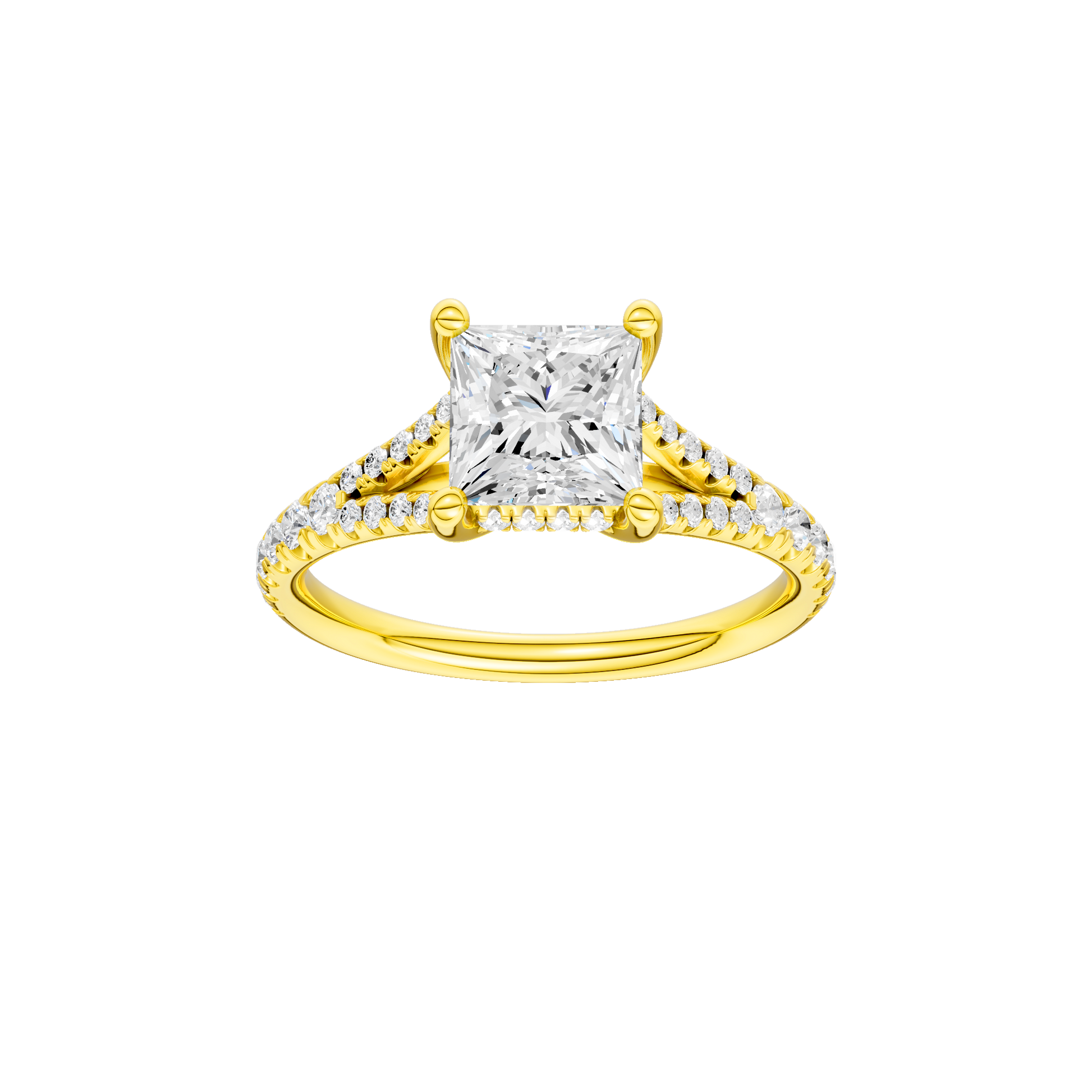 Princess-cut diamond engagement ring with a prong-set diamond band and hidden-halo setting.