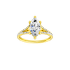 Marquise-cut diamond engagement ring with a prong-set diamond band and hidden-halo setting.