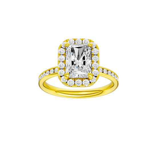 Radiant-cut diamond engagement ring with a channel-set diamond band and halo setting.
