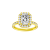 Radiant-cut diamond engagement ring with a channel-set diamond band and halo setting.