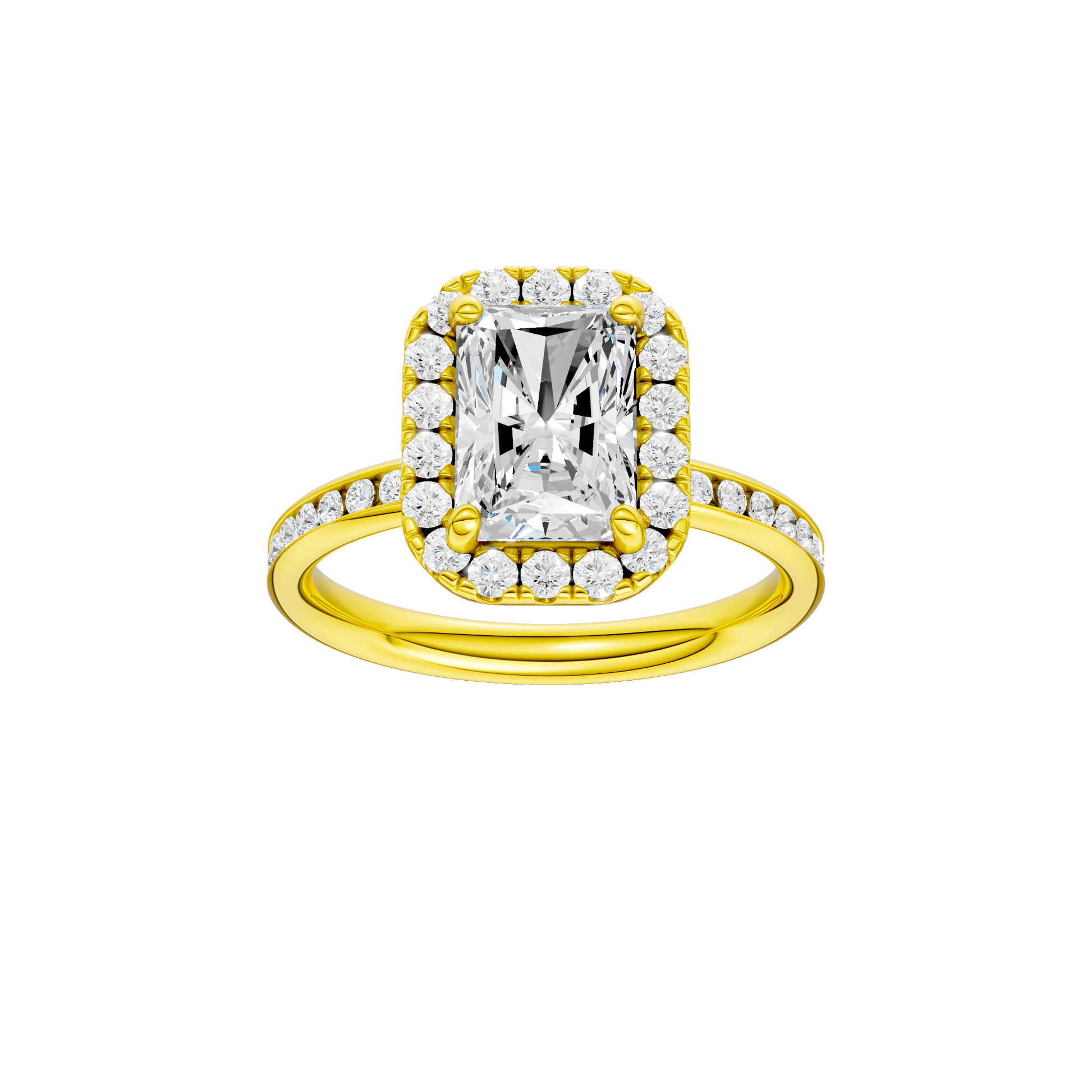 Radiant-cut diamond engagement ring with a channel-set diamond band and halo setting.