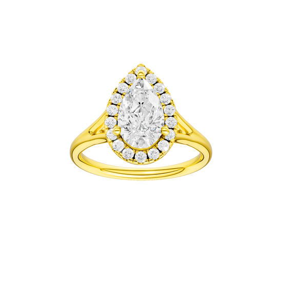 Pear-cut diamond engagement ring with a plain band and halo setting.