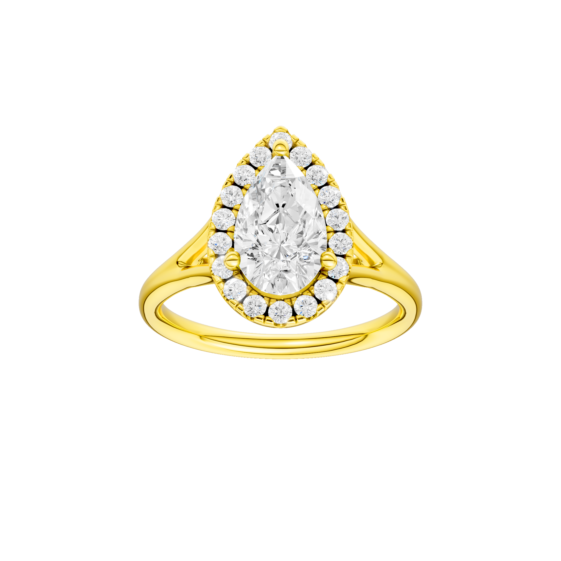 Pear-cut diamond engagement ring with a plain band and halo setting.