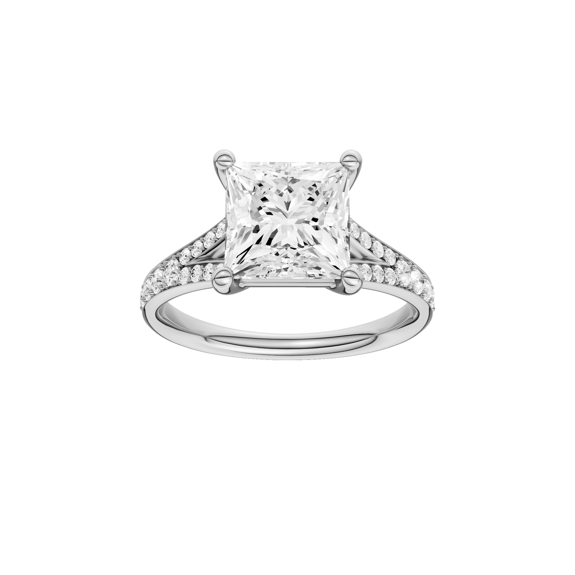 Princess-cut diamond engagement ring with a channel-set diamond band and solitaire setting.