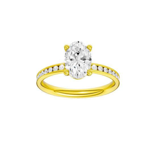 Oval-cut diamond engagement ring with a channel-set diamond band and solitaire setting.
