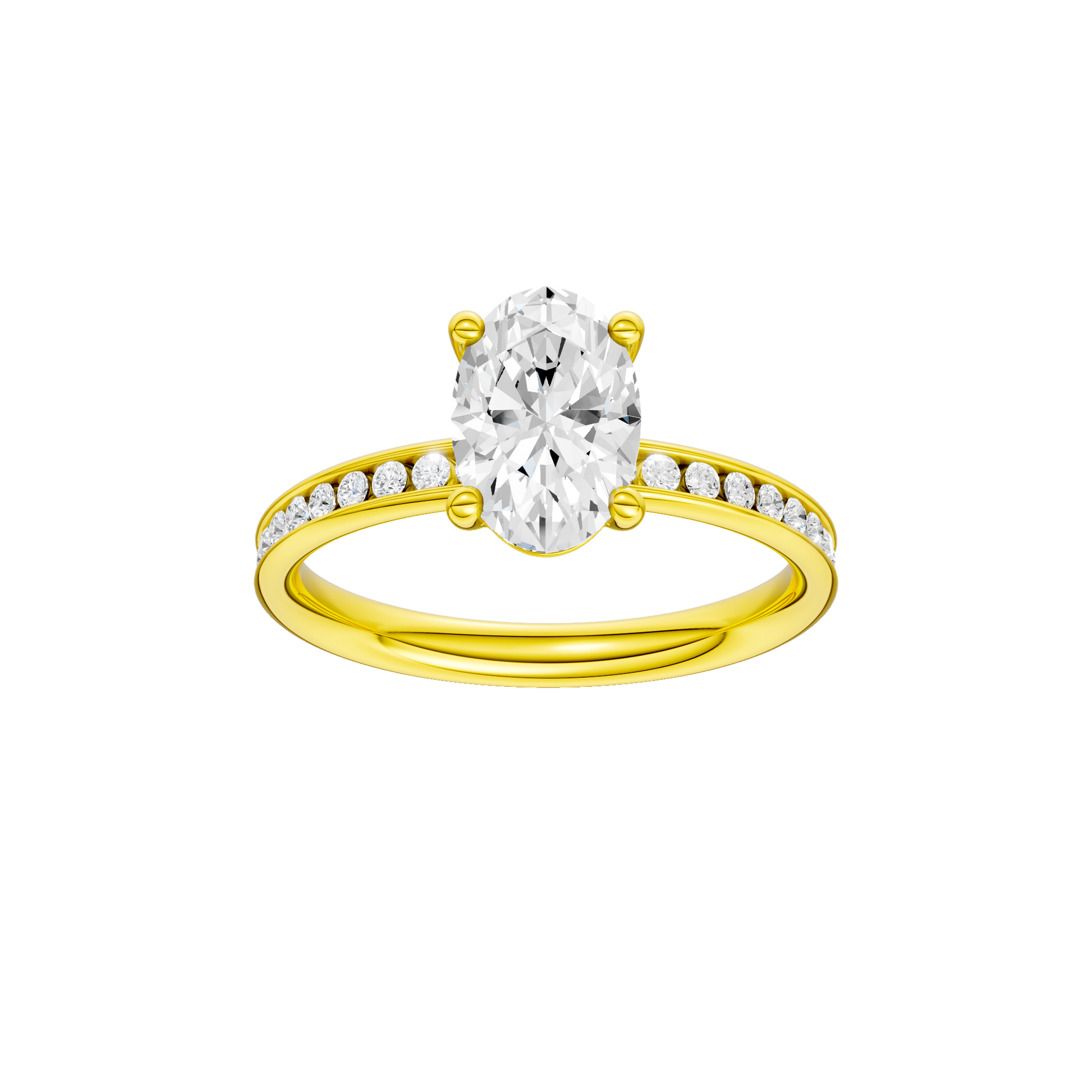 Oval-cut diamond engagement ring with a channel-set diamond band and solitaire setting.