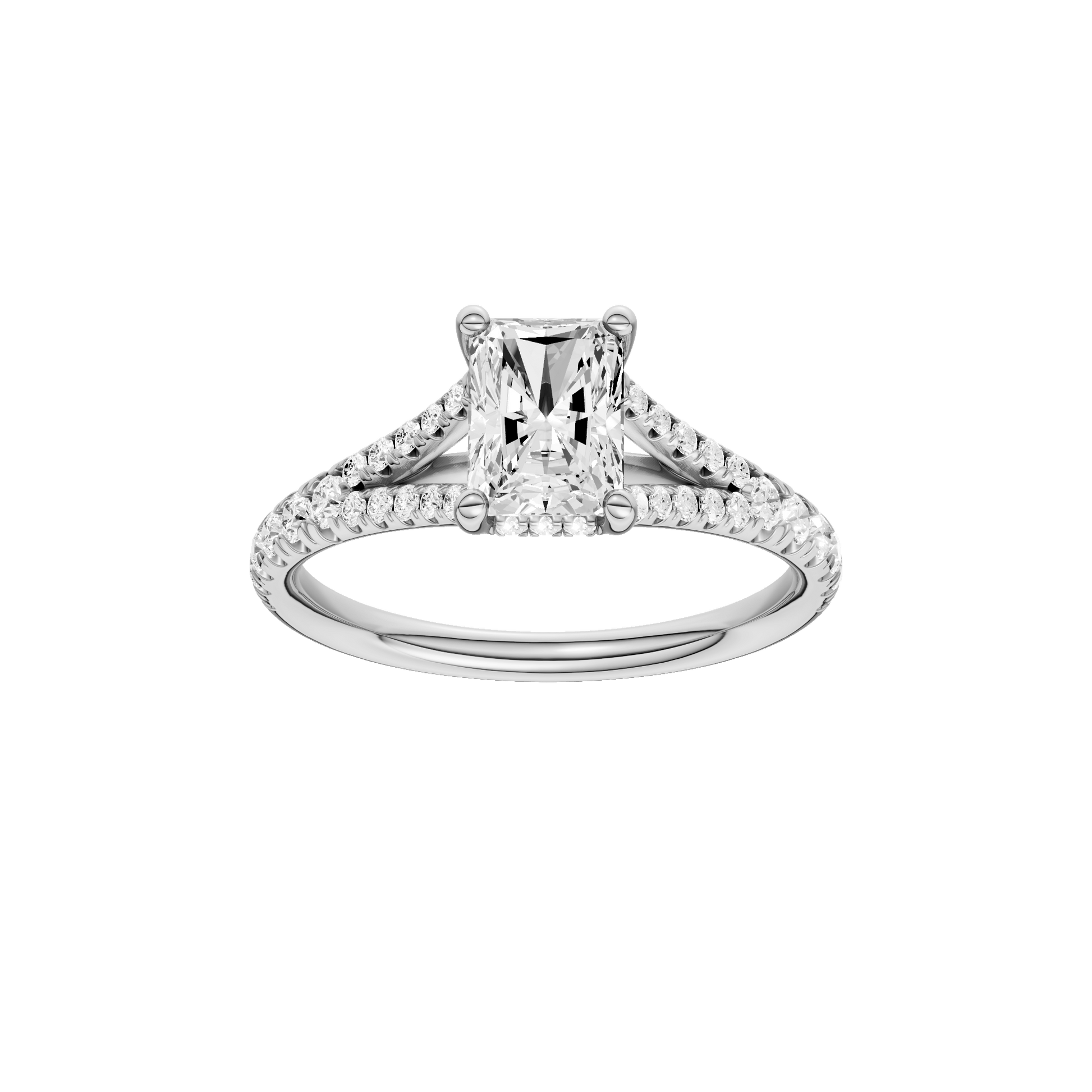 Radiant-cut diamond engagement ring with a prong-set diamond band and hidden-halo setting.