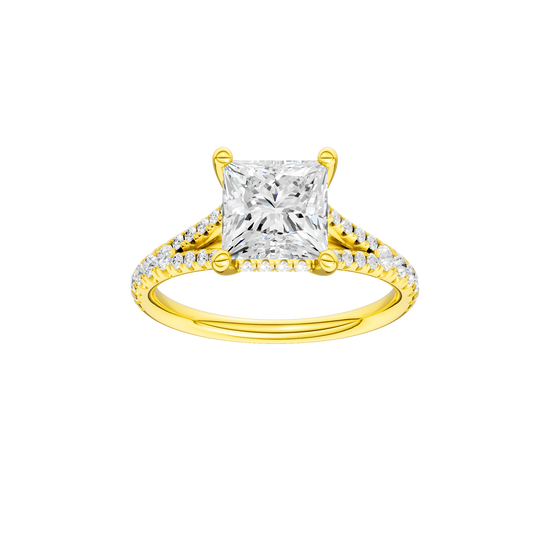 Princess-cut diamond engagement ring with a prong-set diamond band and hidden-halo setting.