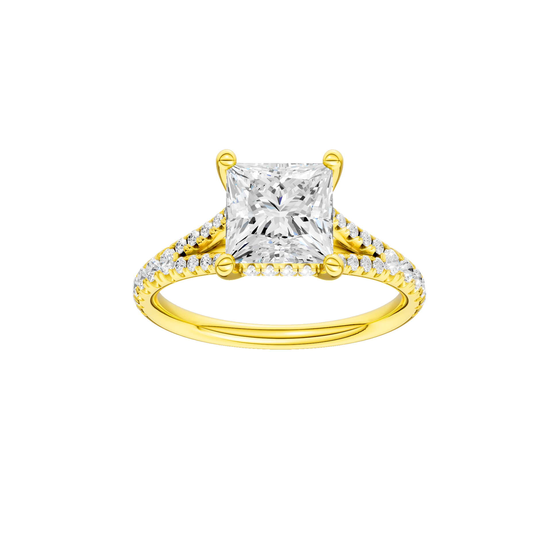 Princess-cut diamond engagement ring with a prong-set diamond band and hidden-halo setting.